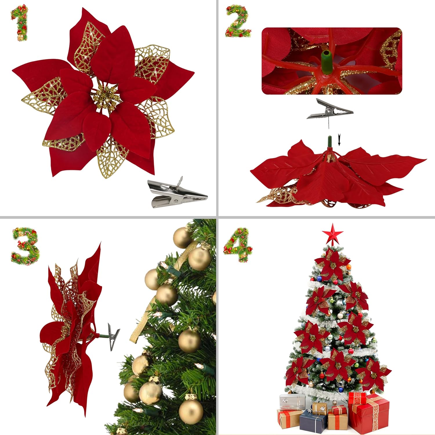 12 PCS Poinsettia Flower Artificial Poinsettia Christmas Decoration 8.7'' Red Glitter Poinsettias Christmas Ornaments Christmas Tree Flower Decor with Clips DIY Xmas Wreath Holiday Home Party Decor