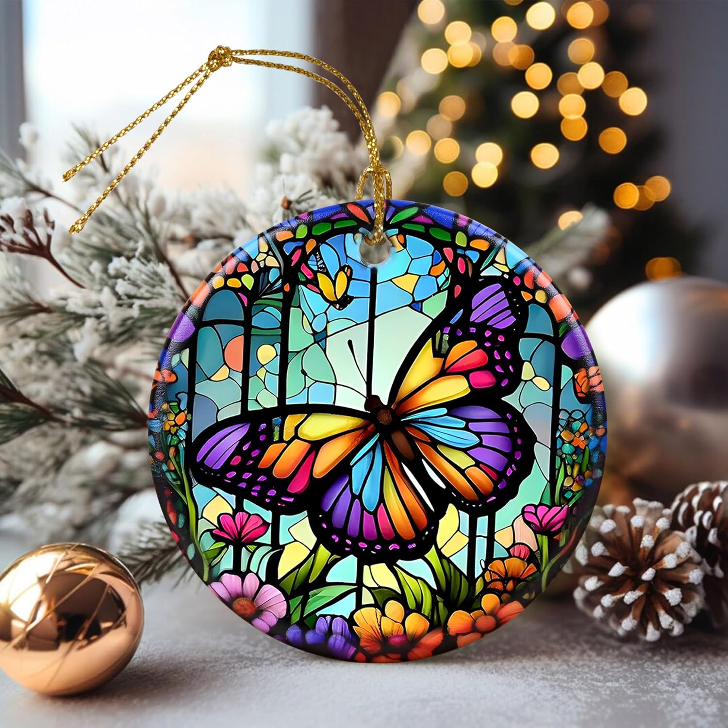 Touber Stained Ceramic Butterfly Ornament - Butterfly Christmas Ornaments - Christmas Tree Ornaments - Christmas Decorations - Butterfly Decor for Office, Room, Home - Holiday Present Ideas - A