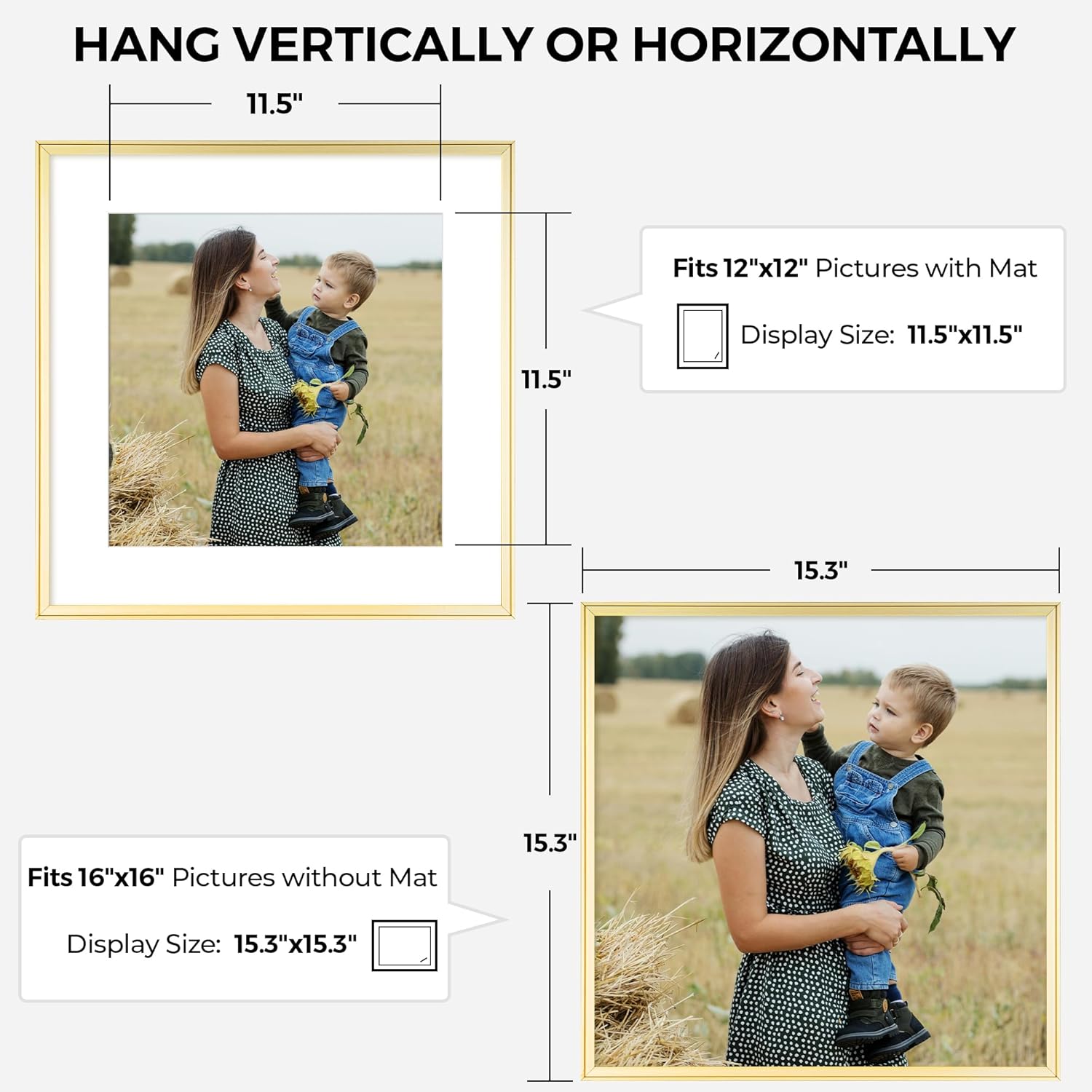 RICHFOCUS Aluminum Picture Frame - 16x16 Gold Metal Frame with Mat for 12x12 Photo, Floating Frame with Tempered Glass - Poster Frame Wall Hook Included for Gallery Wall