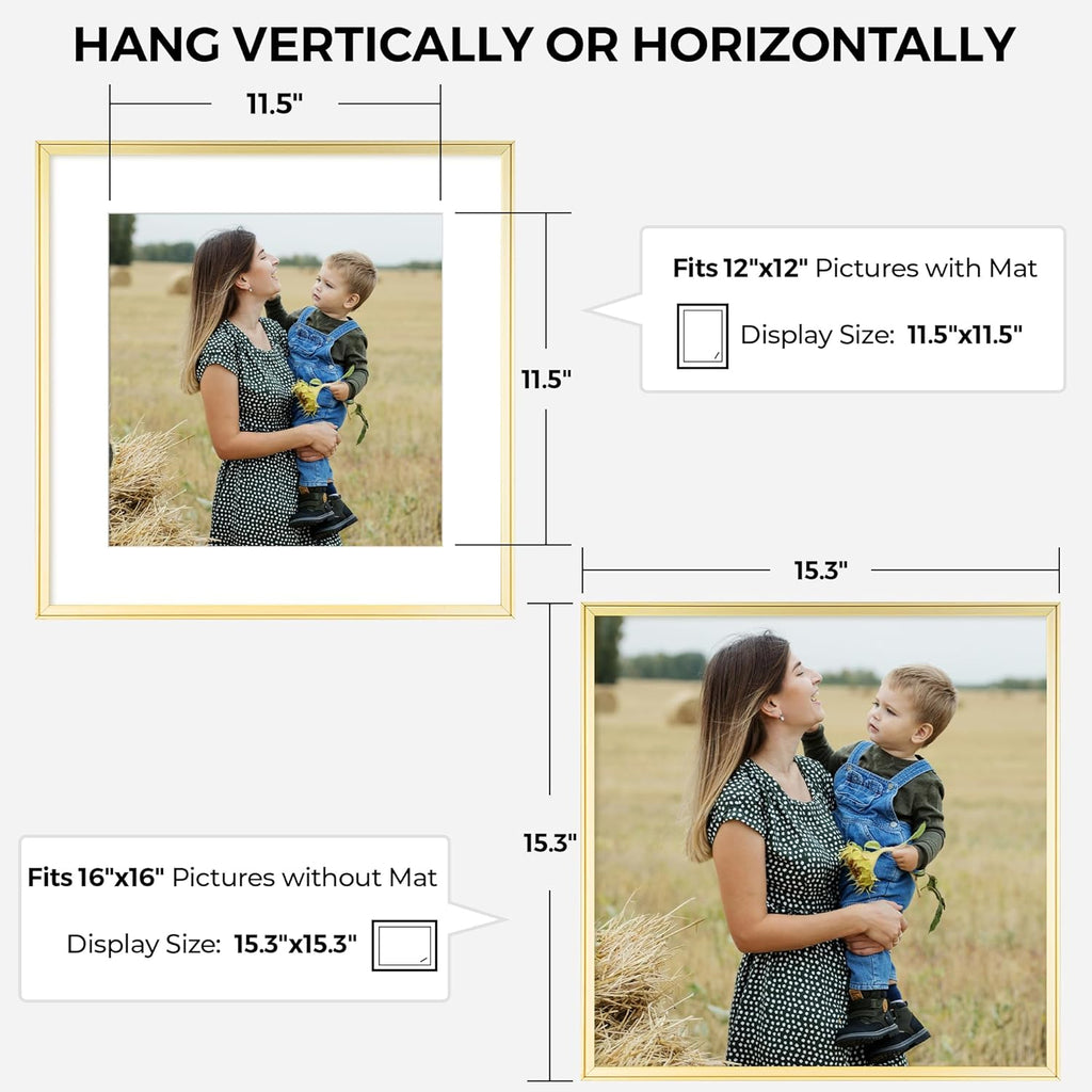RICHFOCUS Aluminum Picture Frame - 16x16 Gold Metal Frame with Mat for 12x12 Photo, Floating Frame with Tempered Glass - Poster Frame Wall Hook Included for Gallery Wall, Set of 3