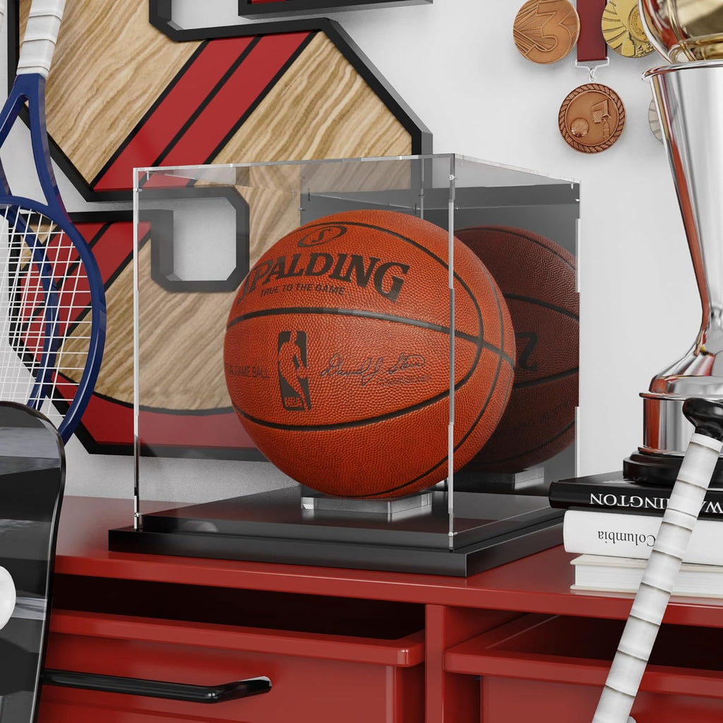 Putros Basketball Display Case with Mirror and Black Metal Grooved Base Acrylic Basketball Case with Transparent Removable Built-in Basketball Display Stand for Autographed Basketball