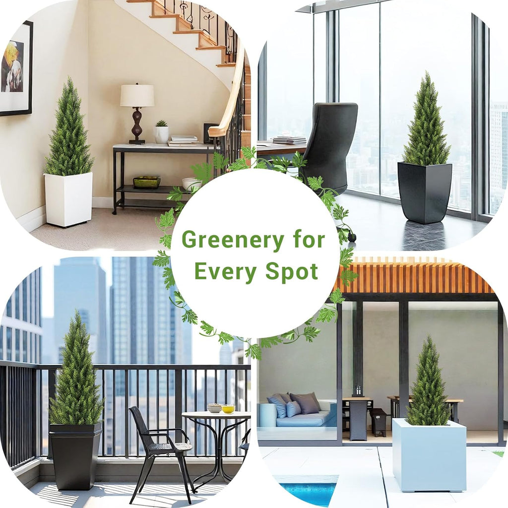 4FT Artificial Cedar Christmas Topiary Trees Set of 2 - Realistic Faux Cypress Plants UV Resistant for Outdoor Planter, Fake Bushes & Shrubs for Porch Front Door Outside UV Rated, 4 Feet Tall, 2 Pack