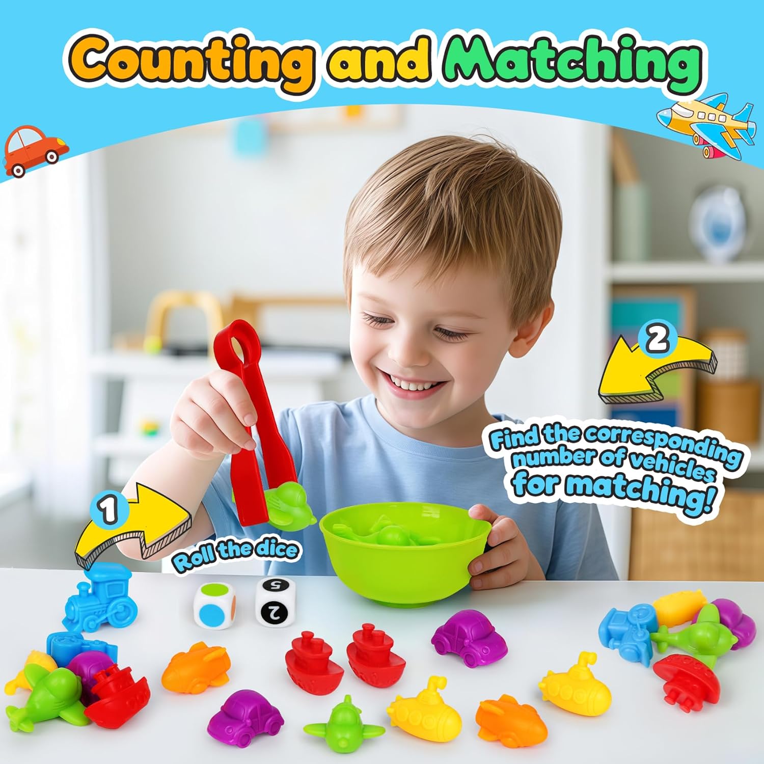 Counting Transport Matching Game with Sorting Cups, Sensory Sorting Colors Counting Toys with Games Dice, Montessori Training Preschool Educational Learning Toy Gifts for Toddlers Kids 3 4 5 6 +