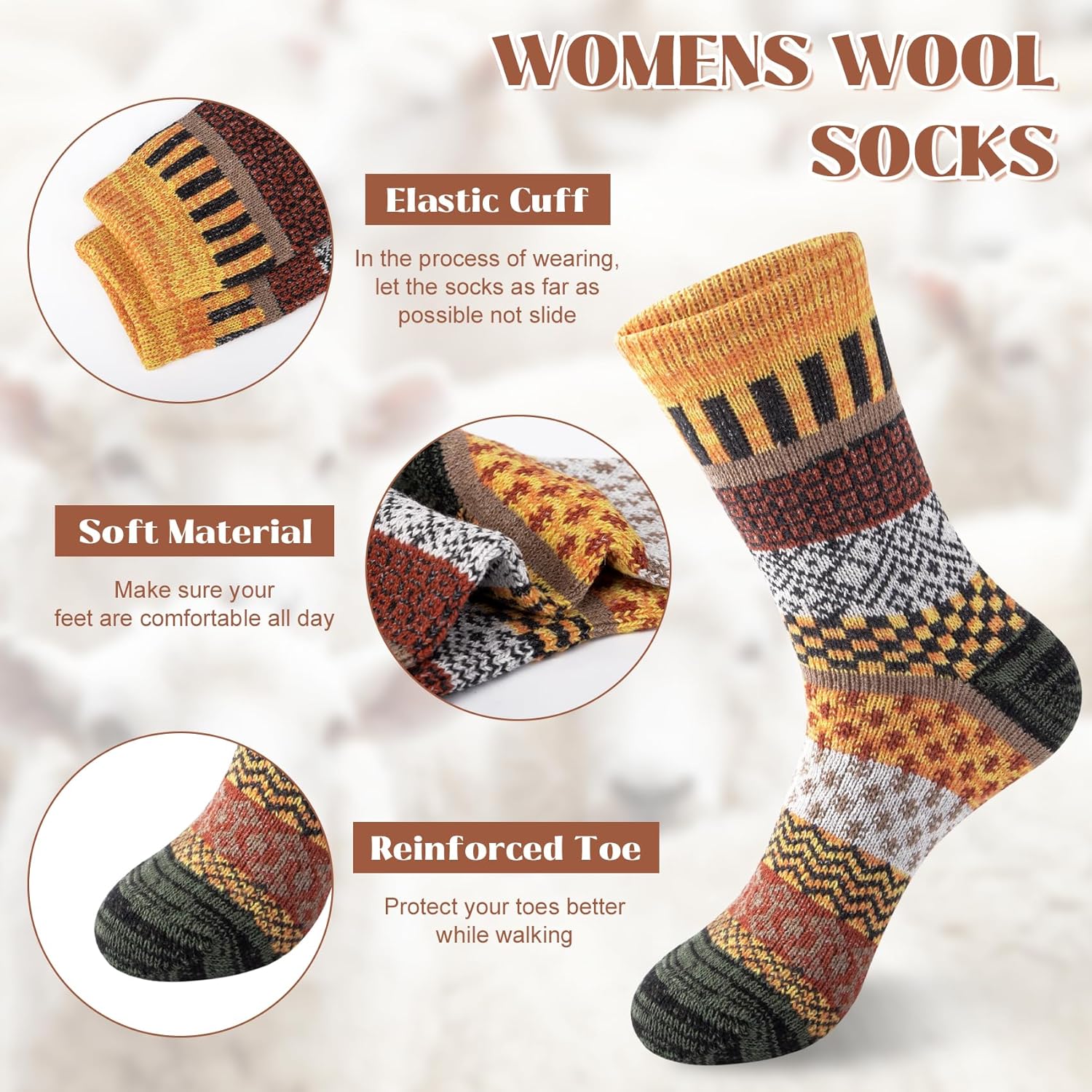 Justay 5 Pairs Wool Socks for Women - Winter Thick Boot Cozy Crew Vintage Soft Calf Knit Warm Socks Gifts