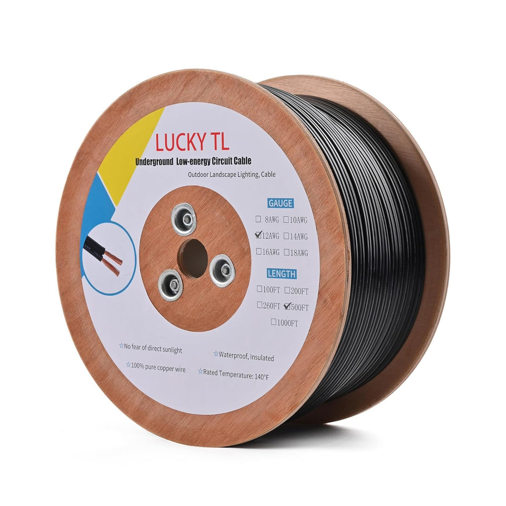 LUCKY TL 12/2 Low Voltage Landscape Wire 500 Feet, 12 Gauge 2 Conductor, Outdoor Waterproof, Direct Buried Landscape Lighting Wire, Pure Copper Making (500FT)