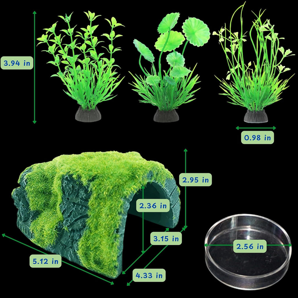 Axolotl Hides for Aquarium with Feeding Dish and Fake Plants Set, Axolotl Cave with Green Plants, Aquarium Decor, Fish Tank Decorations, Turtle Tank Accessories (Cave+Plant+Feeding Dish, L)