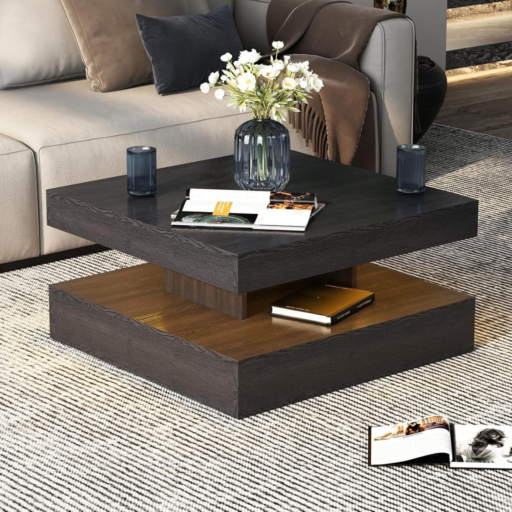 Black Led Coffee Table for Living Room, Square Living Room Table with Storage, Wooden Center Table Modern High Glossy Coffee Tables with 16 Colors LED Lights for Dining Room