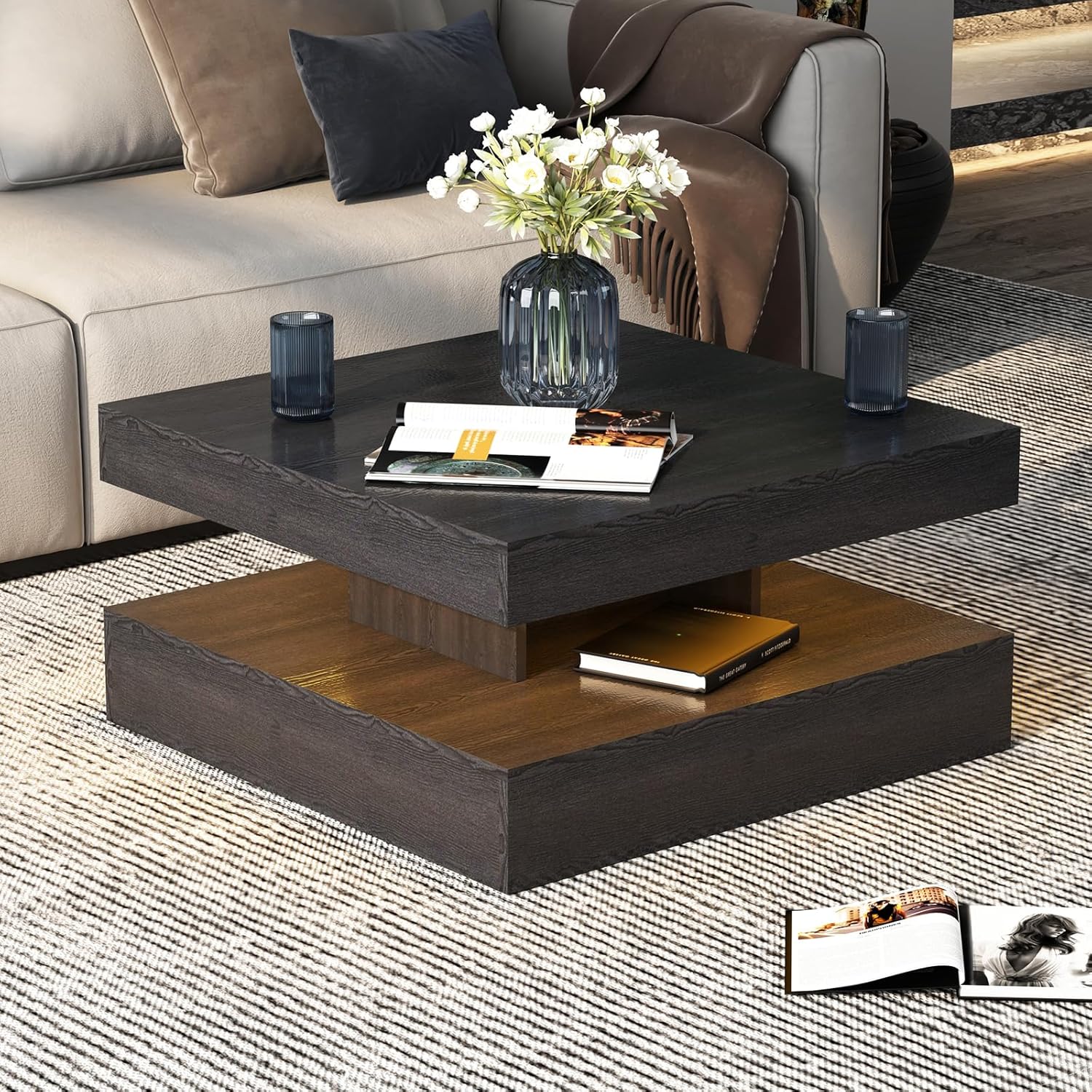 Black Led Coffee Table for Living Room, Square Living Room Table with Storage, Wooden Center Table Modern High Glossy Coffee Tables with 16 Colors LED Lights for Dining Room
