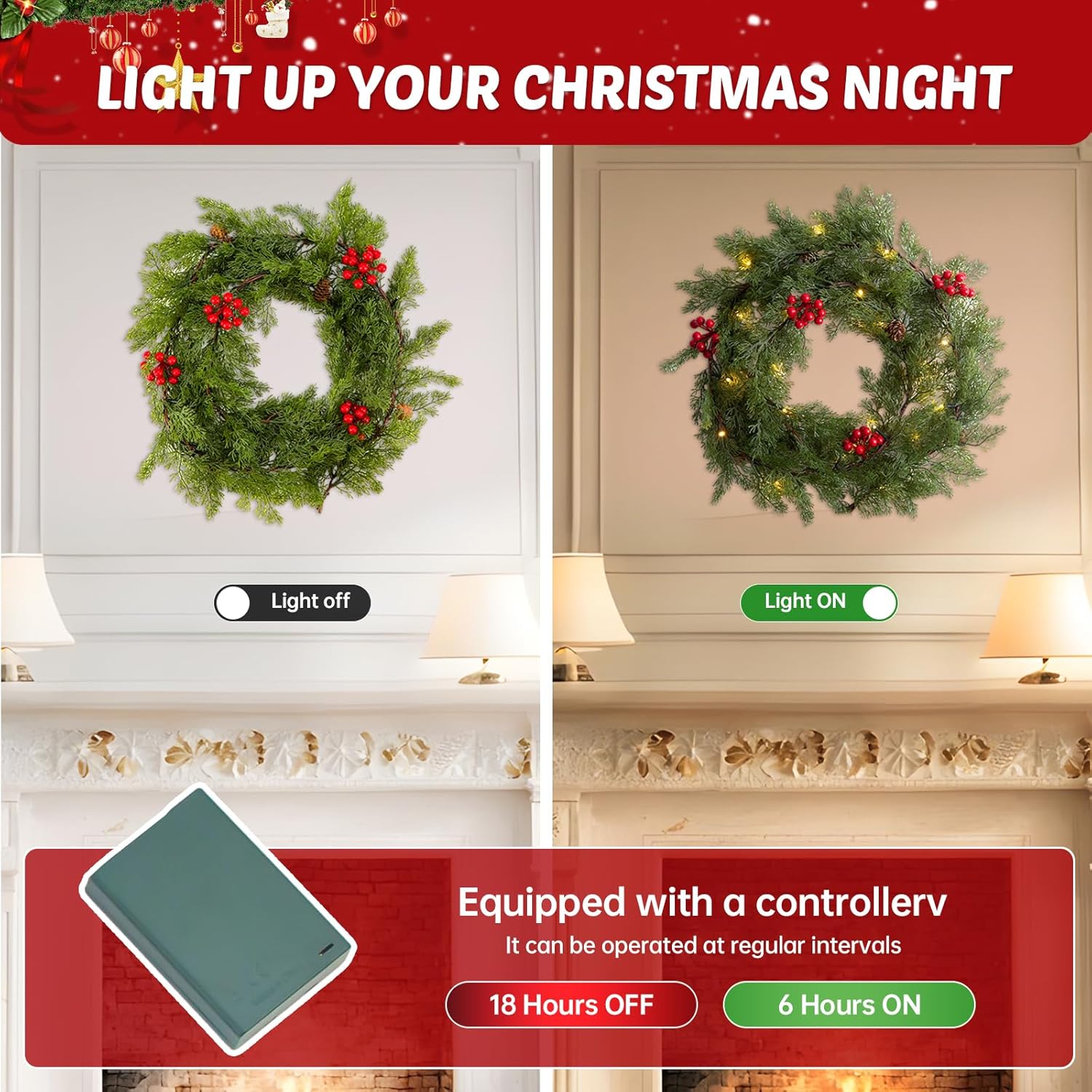 2Pack 6FT Christmas Garland Faux Cypress Pine Cedar Garland with 20 LED Lights, Holiday Garland for Home, Wedding, Party Decorations