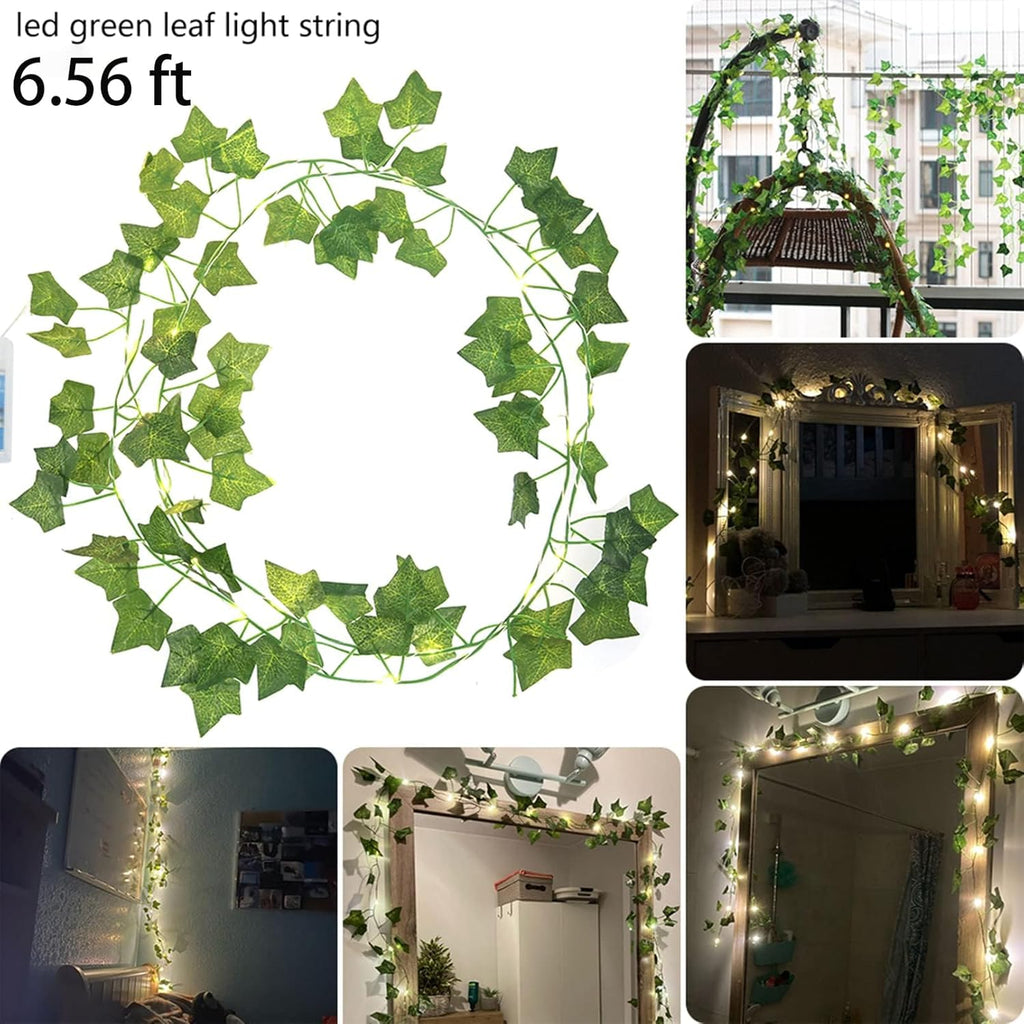 2 Pack 6.56 Ft Vine Lights Green Ivy Vines String Lights Battery Operated, 40 LEDs Battery Powered Artifical Garland Plant Leaves with Light for Bedroom Holiday Patio Decor (Warm White)