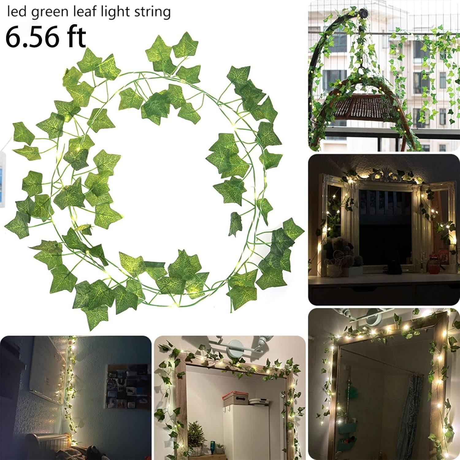 2 Pack 6.56 Ft Vine Lights Green Ivy Vines String Lights Battery Operated, 40 LEDs Battery Powered Artifical Garland Plant Leaves with Light for Bedroom Holiday Patio Decor (Warm White)