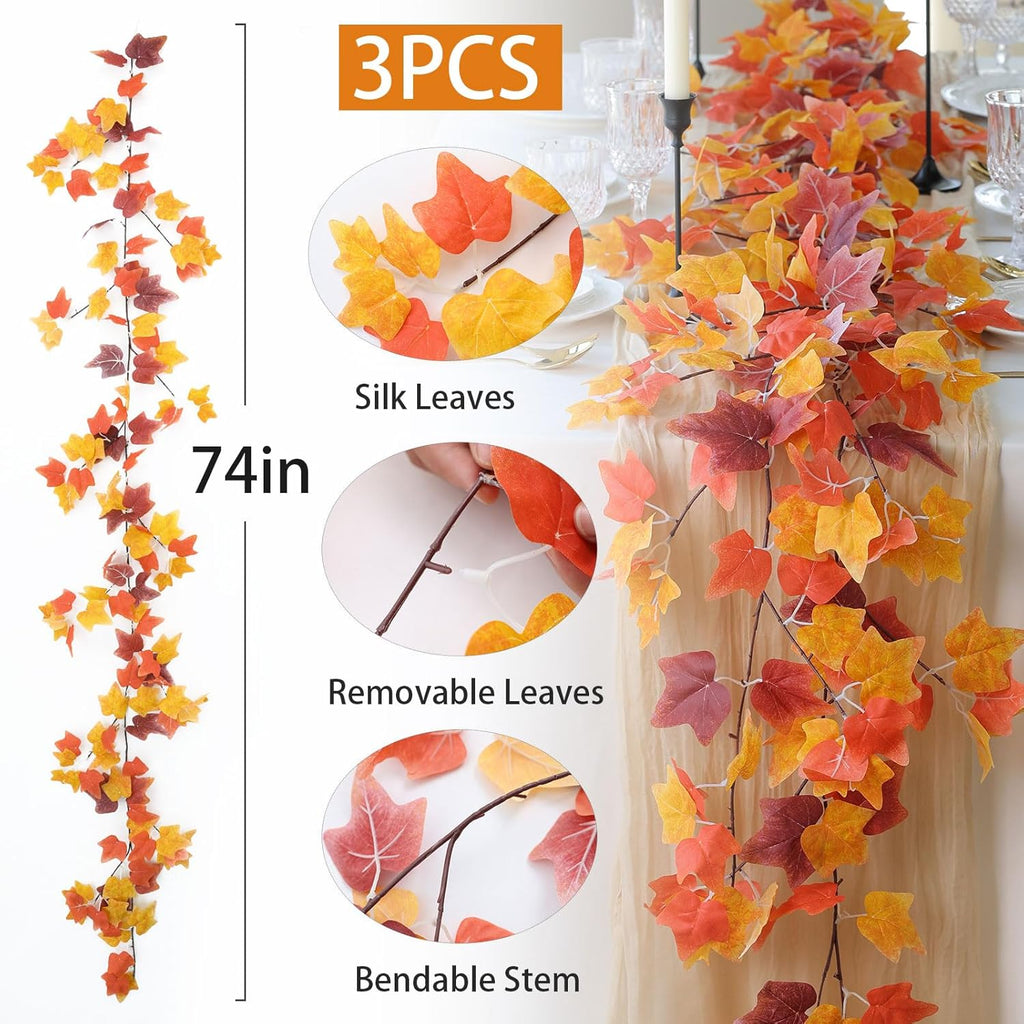 Mizii 3 Strands Artificial Vines Fall Ivy Garland 74" Fake Vine with Silk Leaves Faux Hanging Plants Greenery Decoration for Outdoors Wedding Party Indoor Bedroom Home Wall Room Fall Decor (Fall Ivy)
