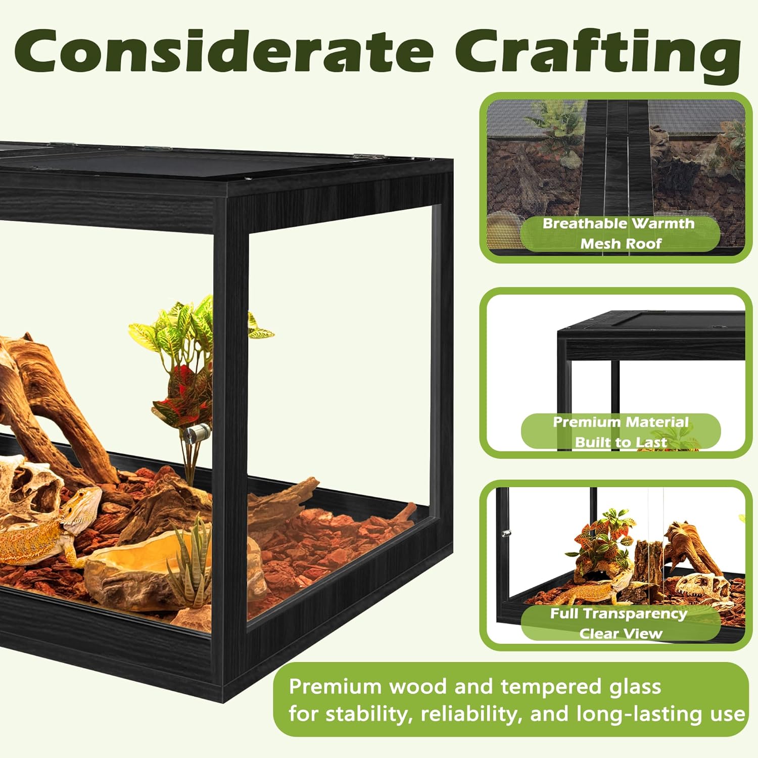 Prolee Tempered Glass Beard Dragon Tank 28 Gallon,Reptile Encloure and Snake Tank with Metal Mesh Roof Door,Locking Design Reptile Tank for Lizard,Gecko,Chameleon (24"X16"X16", Black)