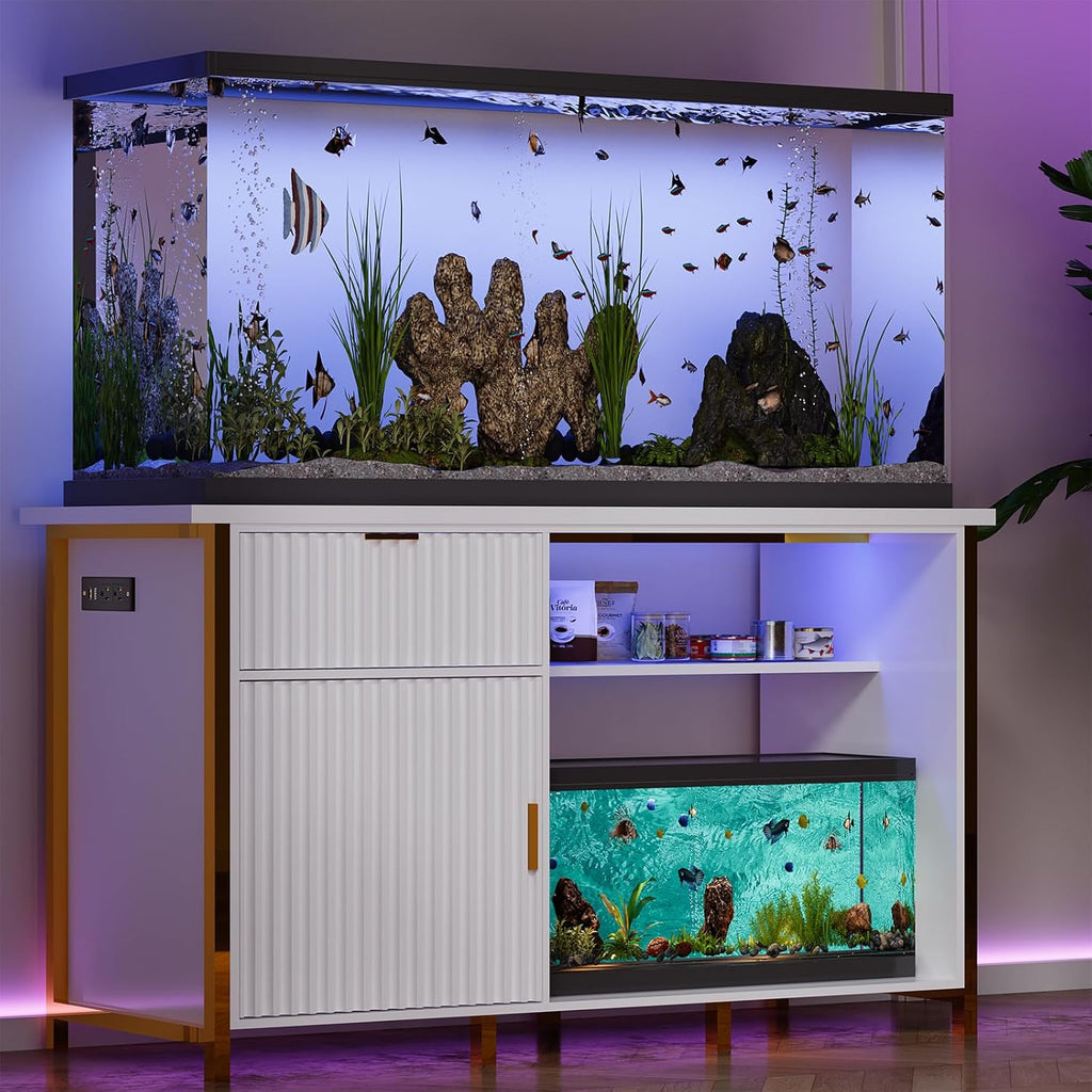 55-75 Gallon Fish Tank Stand with Power Outlets, LED Light, Vertical Lines, Heavy Duty Aquarium Stand with Cabinet for Fish Tank Accessories Storage, Turtle Tank, Reptile Terrarium, 1100LBS, White