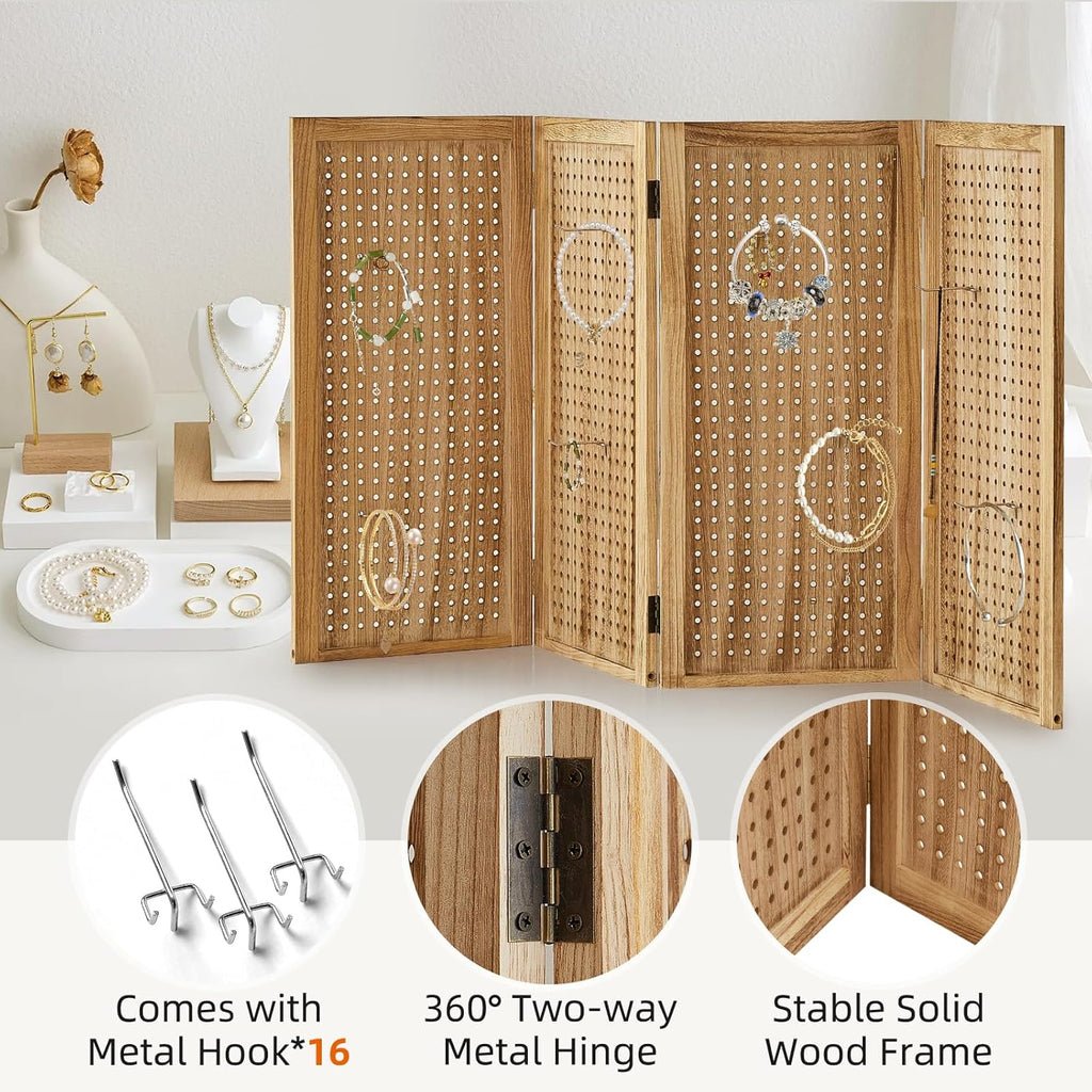 5.6Ft Wood PegBoard Room Divider 4 Panel Detachable Folding Privacy Screen Pegboard Display 33.5" 2in1 Standalone Portable Wall Divider Room Partition for Jewelry, Craft Show, Bedroom-Natural
