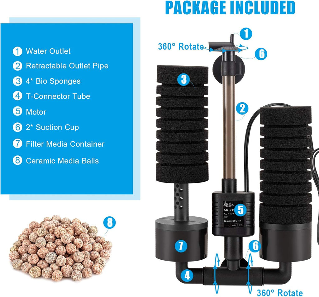 AQQA Aquarium Sponge Water Filter, Power Driven Double Biochemical Filter, Quiet Submersible Foam Filter with 2 Extra Sponges, 1 Bag of Filtered Ceramic Balls for Fresh and Salt Water Fish Tank (L)