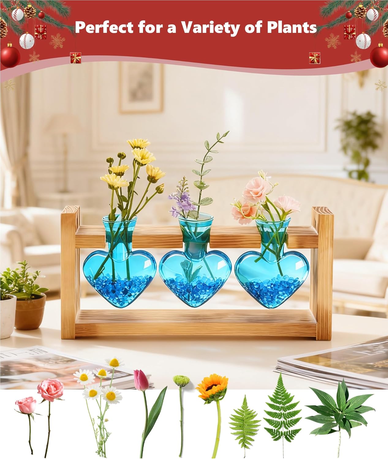 Nacome Plant Terrarium Propagation Stations: Christmas Gifts for Plant Lovers Women Mom Wife - Wooden Stand Tabletop Planter 3 Bulb Glass Vase Heart Shaped for Hydroponics Indoor Home Office Decor