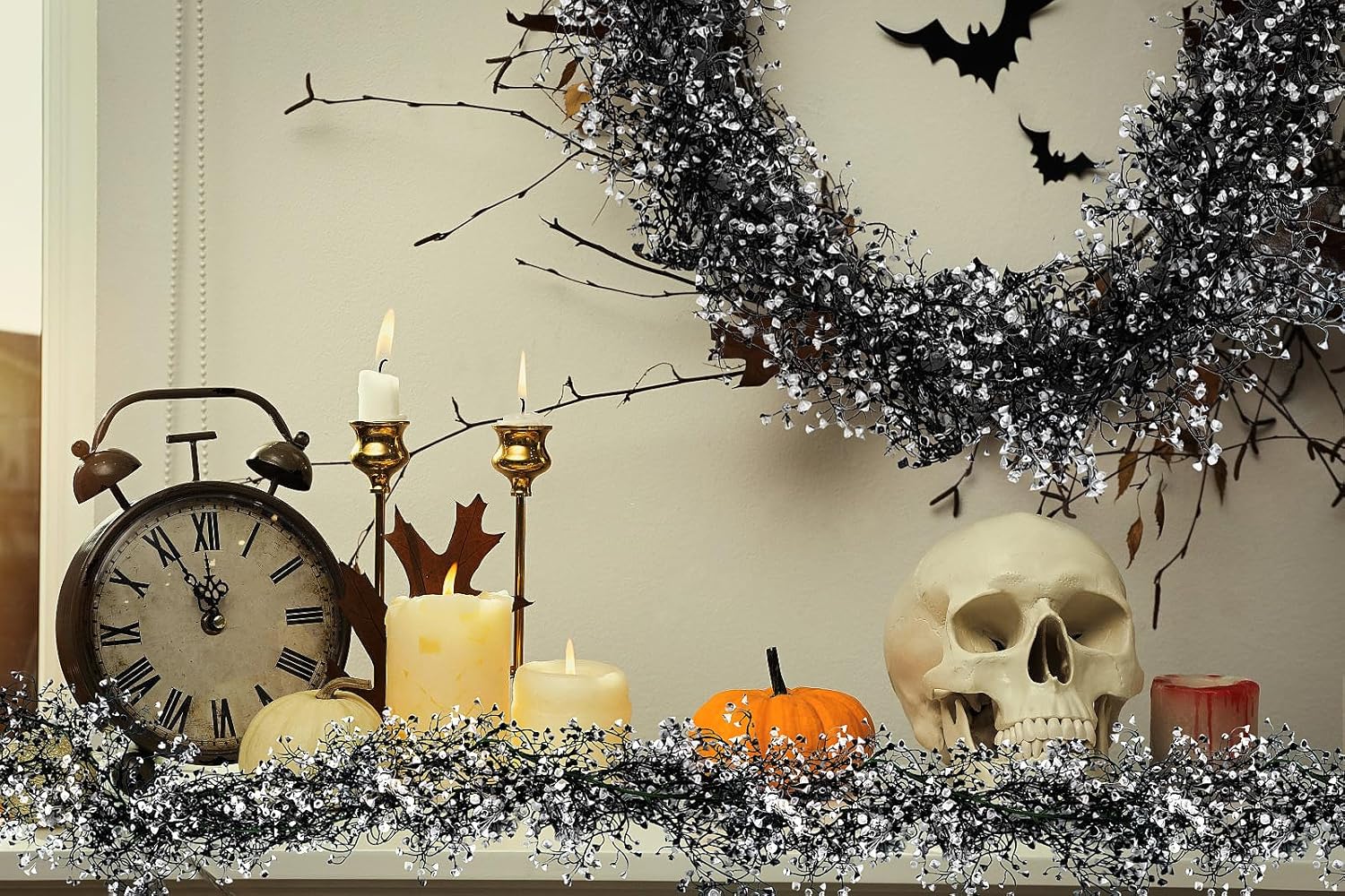 RECUTMS Black Garland Artificial Hanging Plants 2Pcs 5.6Ft Black Fake Garland Plant Greenery Faux Ferns Leaves Ivy Wreath for Halloween Thanksgiving Party Outdoor Indoor Garden Decor(Black White)