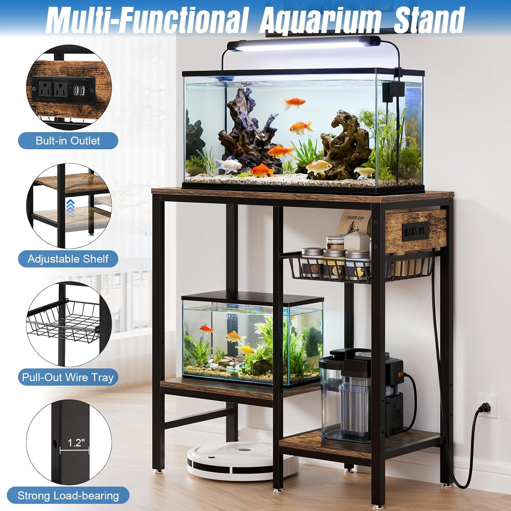 Livofloral 20 Gallon Fish Tank Stand with Power Outlet, Metal Aquarium Stand with Adjustable Shelves and Pull Out Wire Tray, Ample Storage for Fish Tanks Accessories, Reptile Tank Stands, Brown