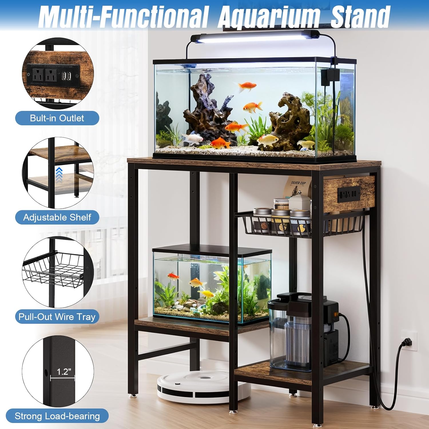 Livofloral 20 Gallon Fish Tank Stand with Power Outlet, Metal Aquarium Stand with Adjustable Shelves and Pull Out Wire Tray, Ample Storage for Fish Tanks Accessories, Reptile Tank Stands, Brown