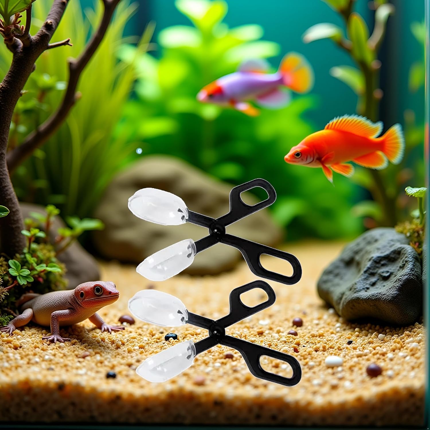 2Pcs Black Reptiles Feeding Scooper Poop Cleaning Clamp Spoon-shaped Tips Feeder Tweezers Aquarium Tank and Terrarium Cleaning Tool, For Lizard Tarantulas Reptile Supplies Reptiles and Amphibians