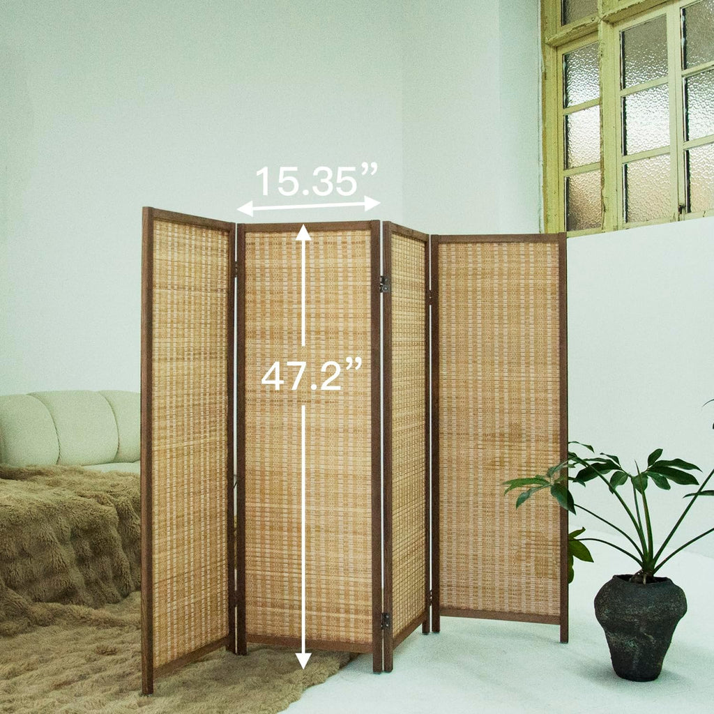 4 Panel Short Room Divider Folding Screen,47 inch Bamboo Panel Divider for Home Partition,Brown