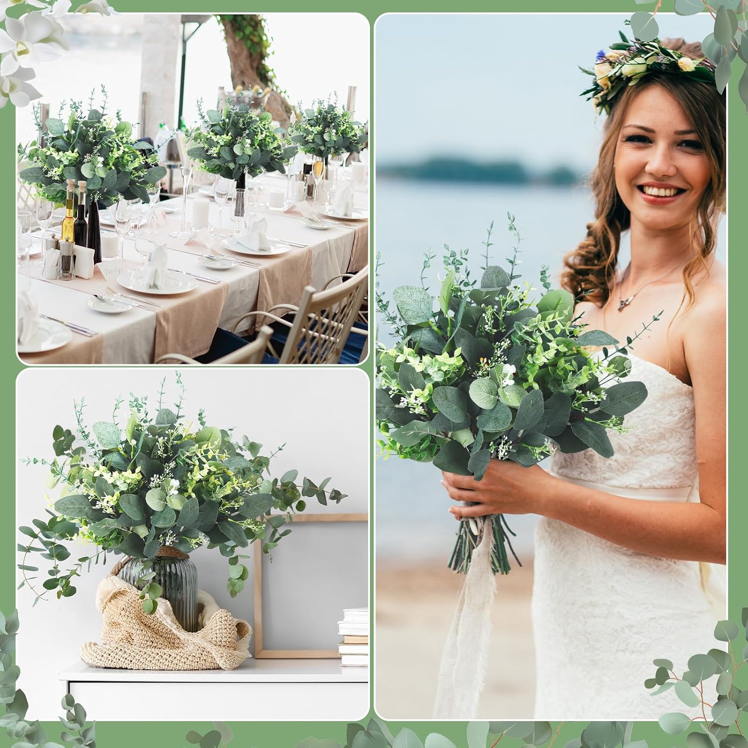 Ceenna 30 Pcs 6 Kinds Mixed Eucalyptus Leaves Stems Bulk Artificial Eucalyptus Leaves Sprays Silver Dollar Faux Greenery Picks Bundle for Wedding Vase Floral Arrangement Decor