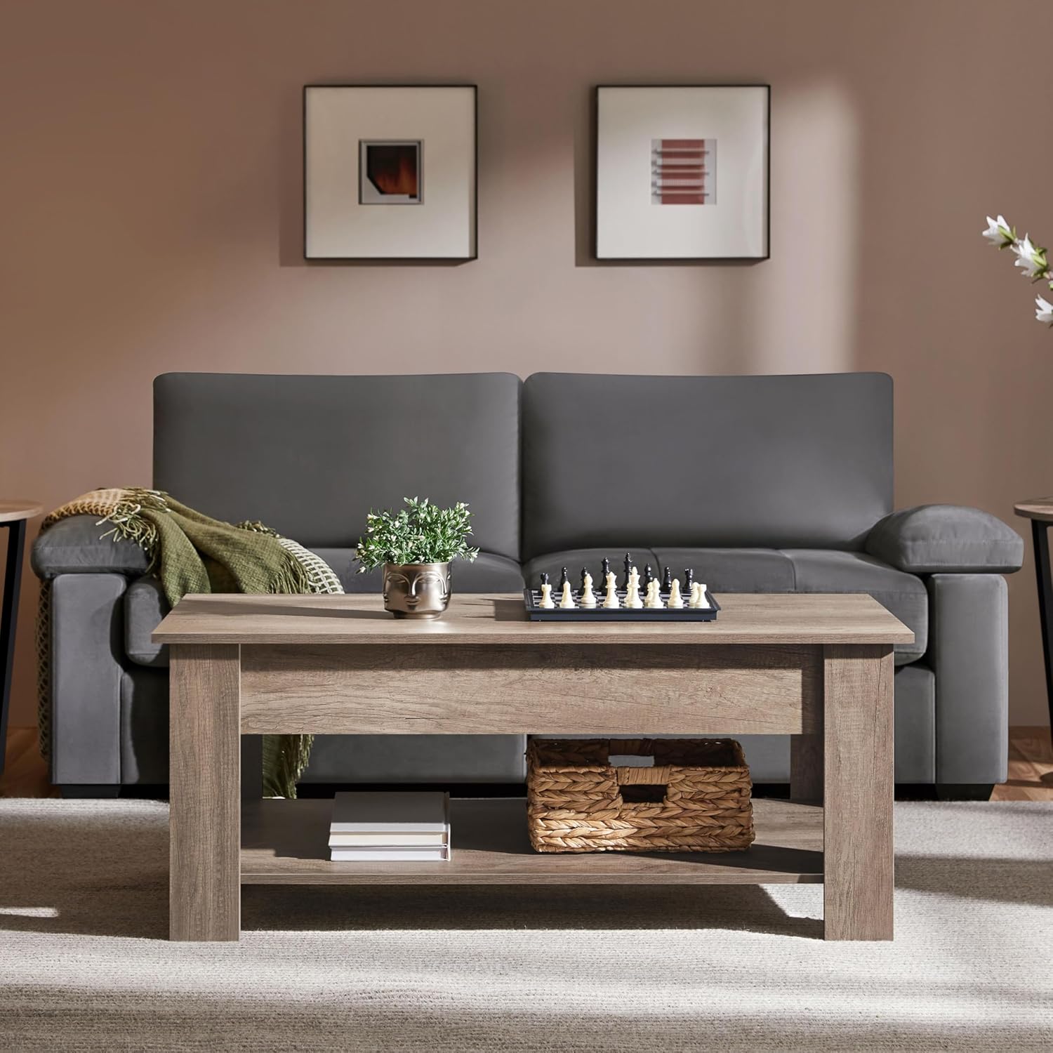 Yaheetech Lift Top Coffee Table with Hidden Compartment and Storage Shelf, Rising Tabletop Dining Table for Living Room Reception Room, 38.6in L, Grey