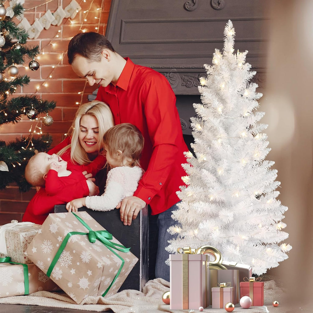 4ft Artificial Full White Christmas Tree with Separate Lights, Not Pre-lit Mini White Tinsel Pine Christmas Tree, 50 Lights, Small Xmas Tree for Home, Office, Party Decoration, Indoor