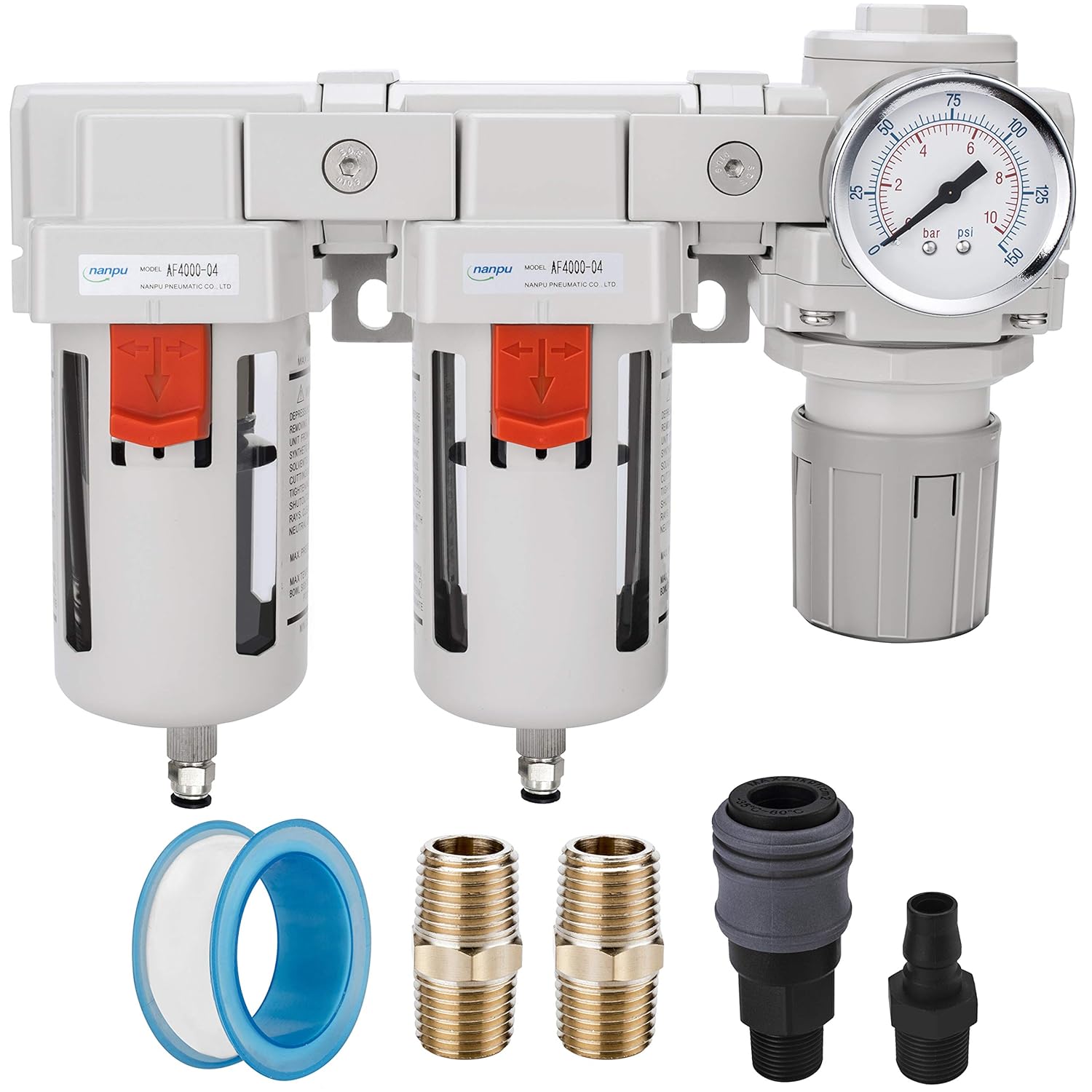 NANPU DFR-04 1/2" NPT Air Drying System - Double Air Filters, Air Pressure Regulator Combo - Semi-Auto Drain, Poly Bowl