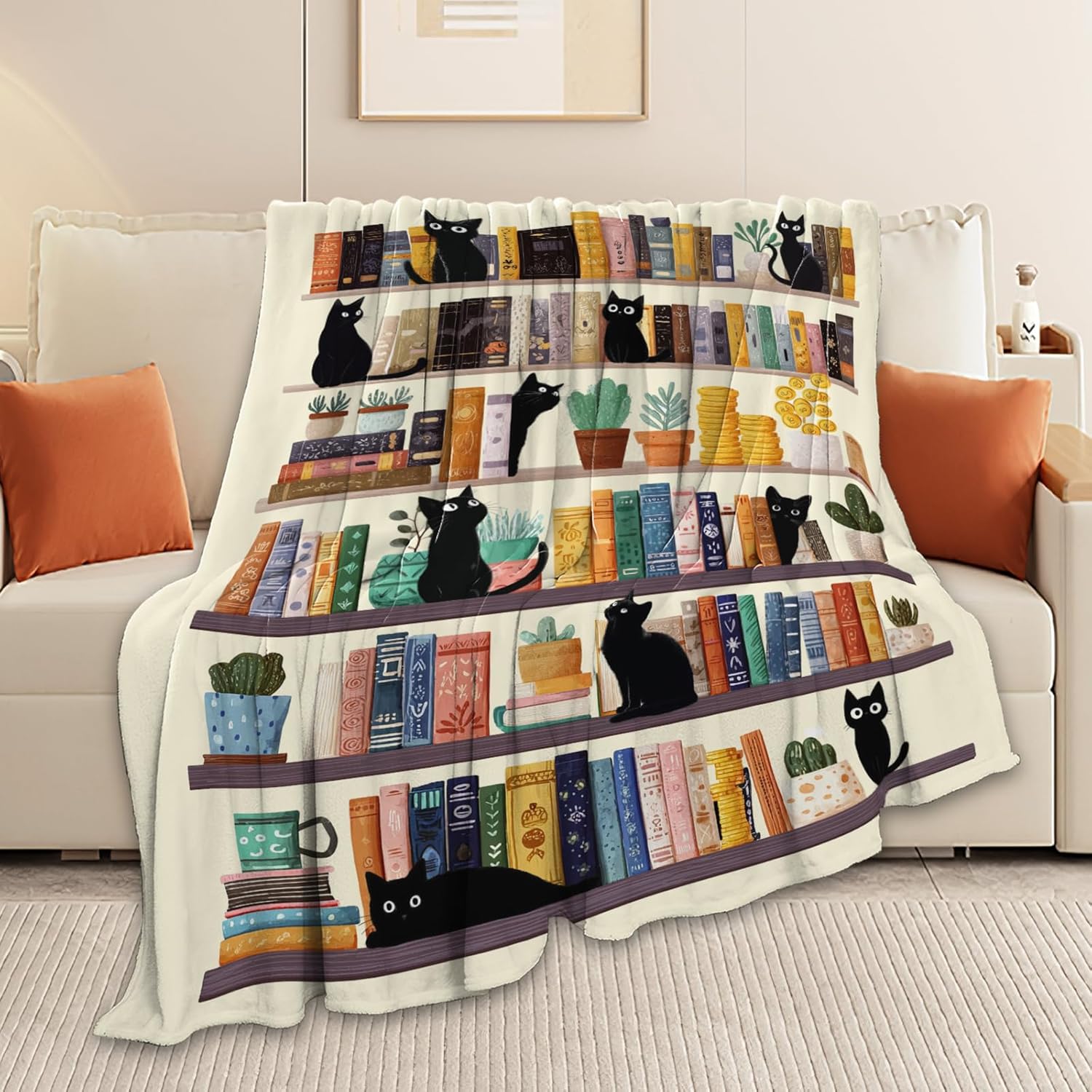Black Cat Throw Blanket Book Cat Bookshelf Stuff Gifts for Kids Girls Boys Adults Women Men Soft Cozy Warm Plush Fluffy Fuzzy Fleece Blanket Decor 40''X50''
