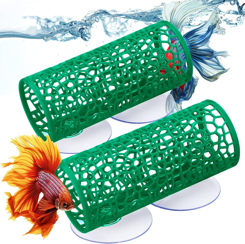 Honeydak 2 Pcs Betta Fish Tank Accessories Betta Tunnel Fish Toys Safe Hollow Hammock Cave Aquarium Decor with Suction Cups for Small Shrimp Reptile Guppies(Green,Hideout Tube)