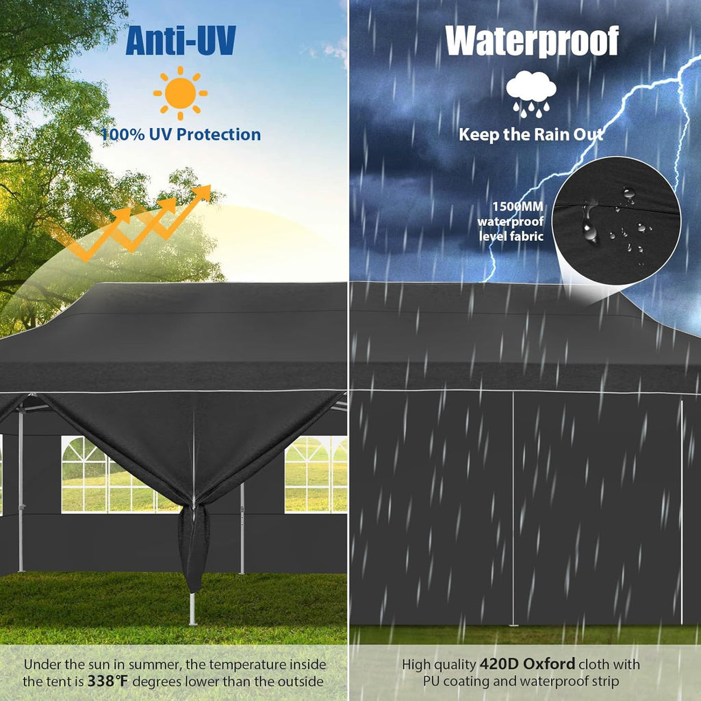 HOTEEL 10x30 Pop up Canopy Tent for Parties, Heavy Duty Easy Setup Tent with 8 Sidewalls, Outdoor Commercial Instant Gazebo for Wedding Event, with Portable Bag & Sand Bags, Black(Hexagonal Frame)