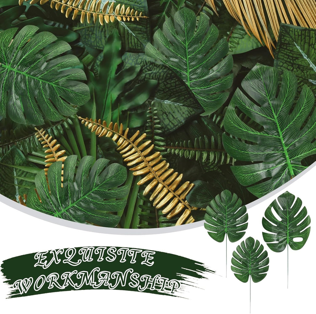 CCINEE 24PCS Green Artificial Palm Leaves, Faux Monstera Leaves Simulation Safari Leaves with Stems for Home Hawaiian Luau Party Jungle Beach Theme Party Decoration