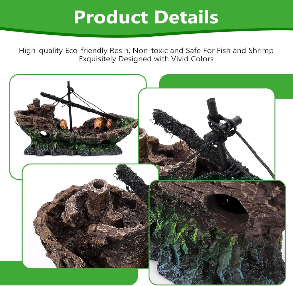 Big Ship Aquarium Decoration Resin - Large Weathered Sunken Shipwreck with Small Hole,Centerpiece for Fish Tank - Approx. 10" L x 4.5" W x 5.3" H(Big Ship)