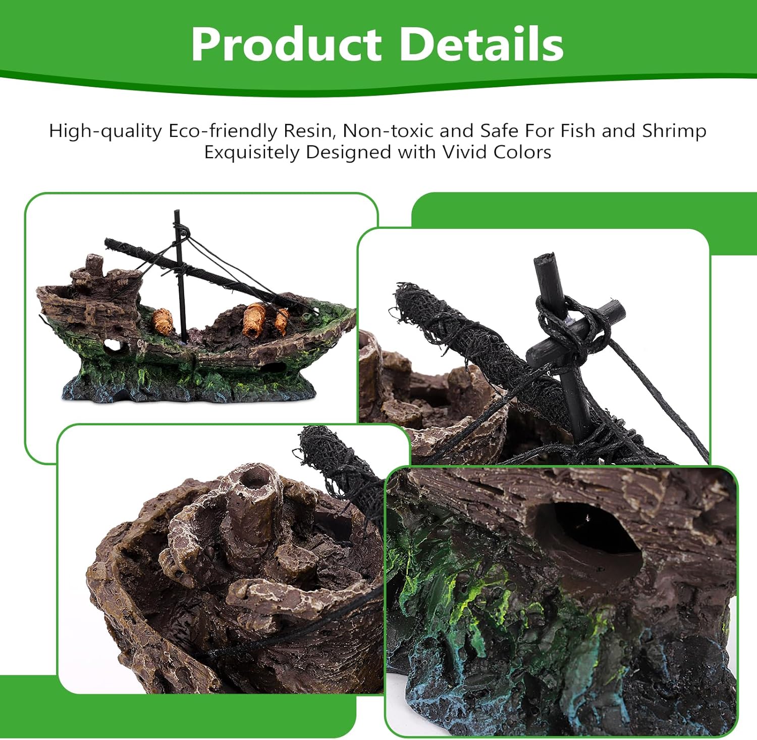 Big Ship Aquarium Decoration Resin - Large Weathered Sunken Shipwreck with Small Hole,Centerpiece for Fish Tank - Approx. 10" L x 4.5" W x 5.3" H(Big Ship)