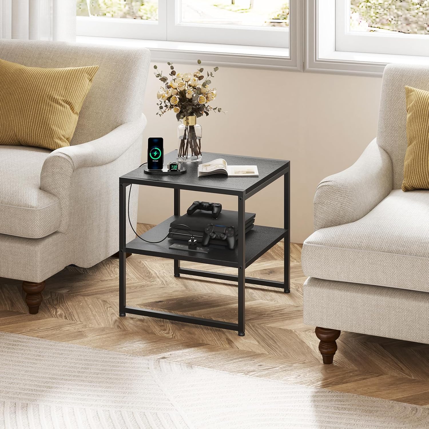 Tatub 20" End Table with Charging Station, Industrial Square Side Table with USB Ports & Outlets, Versatile 2-Tier Small Nightstand for Bedroom Living Room, Black