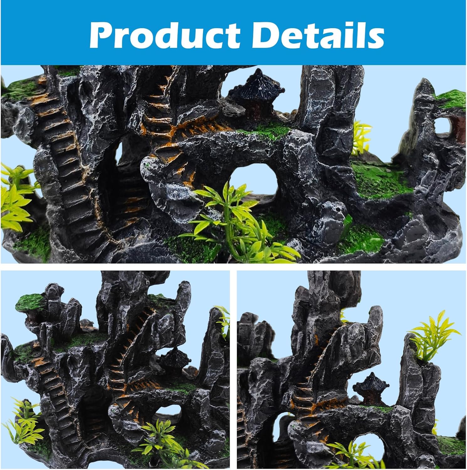 Aquarium Ornaments View Mountain,Fish Tank Decorations Resin Rock Landscape Artificial Stone Aquarium Decor with Plant Cave for Small Fish Shrimp