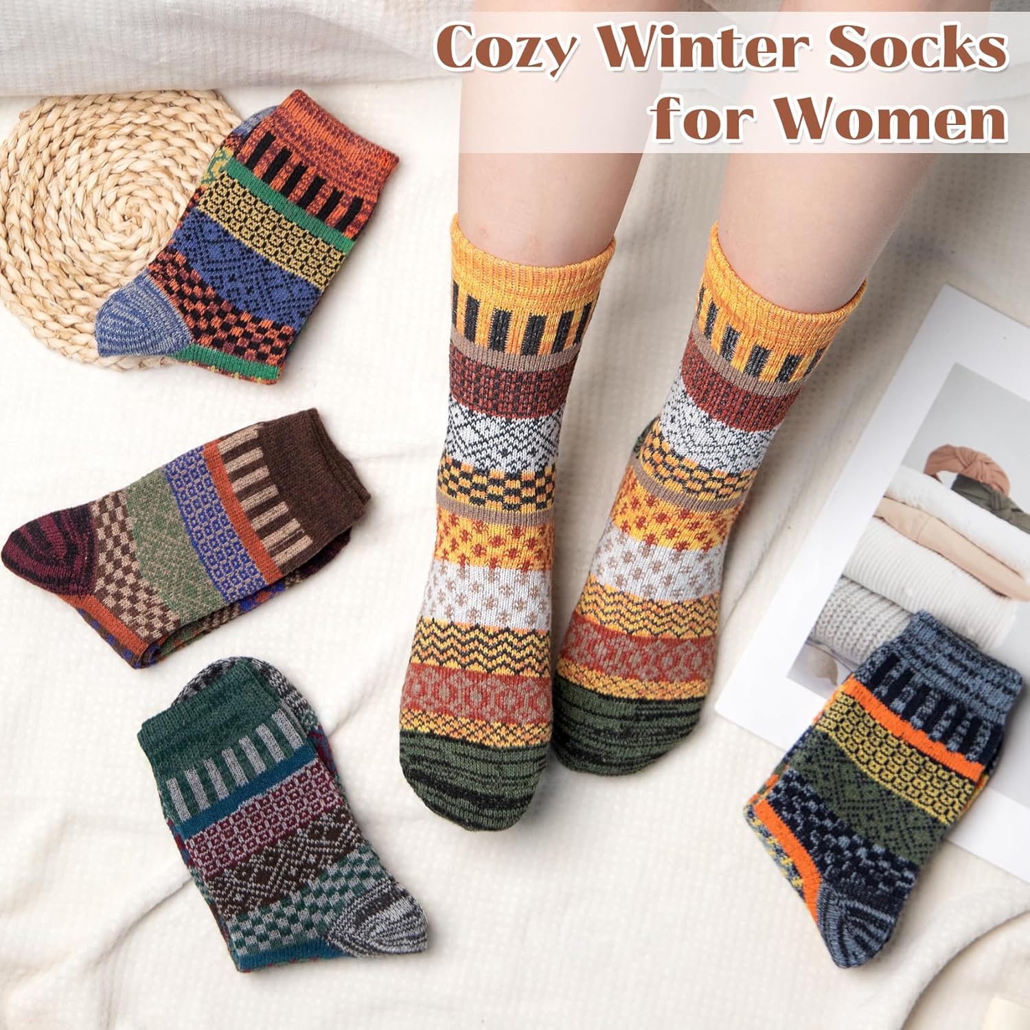 Justay 5 Pairs Wool Socks for Women - Winter Thick Boot Cozy Crew Vintage Soft Calf Knit Warm Socks Gifts