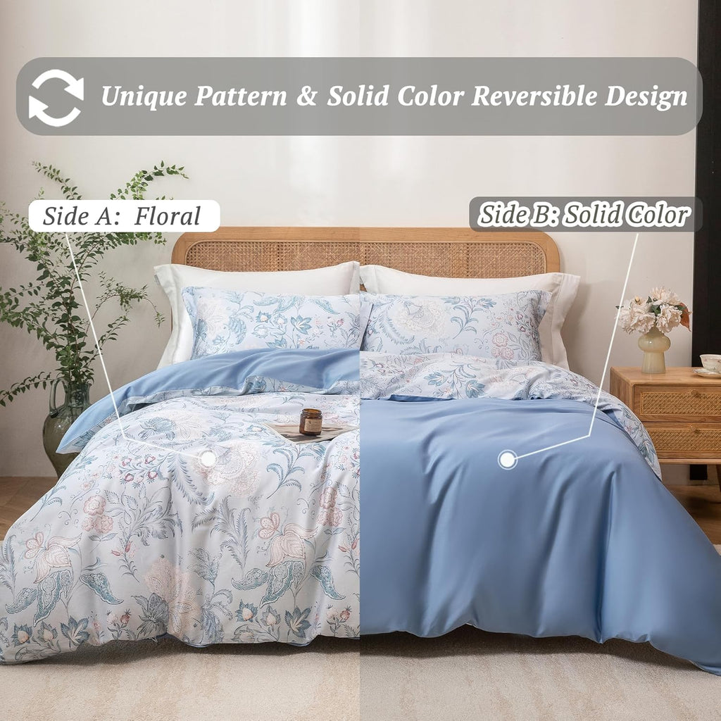 MILDLY Queen Size Duvet Cover Set 100% Long-Staple Cotton Luxury Paisley Floral Patten Reversible Comforter Cover Set 3Pcs
