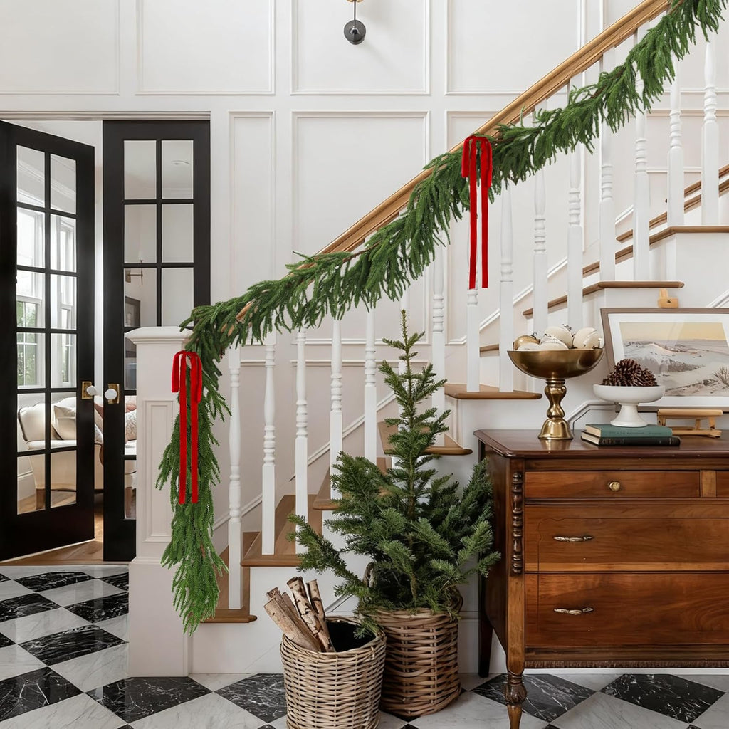 9FT Christmas Artificial Norfolk Pine Garlands for Mantle Fireplace, Real Touch Faux Greenery Pine Garland for Holiday Xmas Decorations