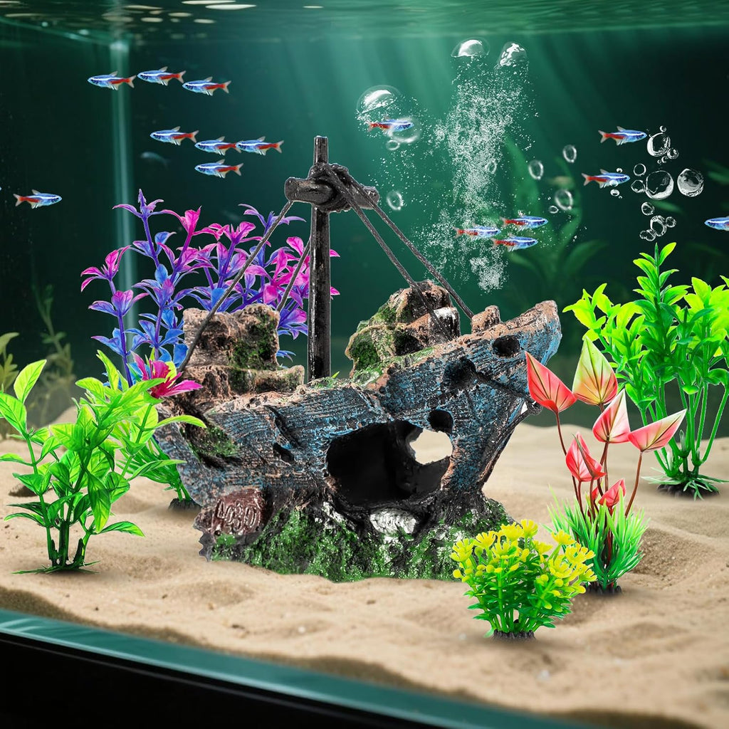 Fish Tank Decorations Set Sunken Ship Decoration,Resin Material Fish Tank Plants Accessories for Natural Look, Aquarium Shipwreck x 1pc, Aquatic Plants x 5pcs