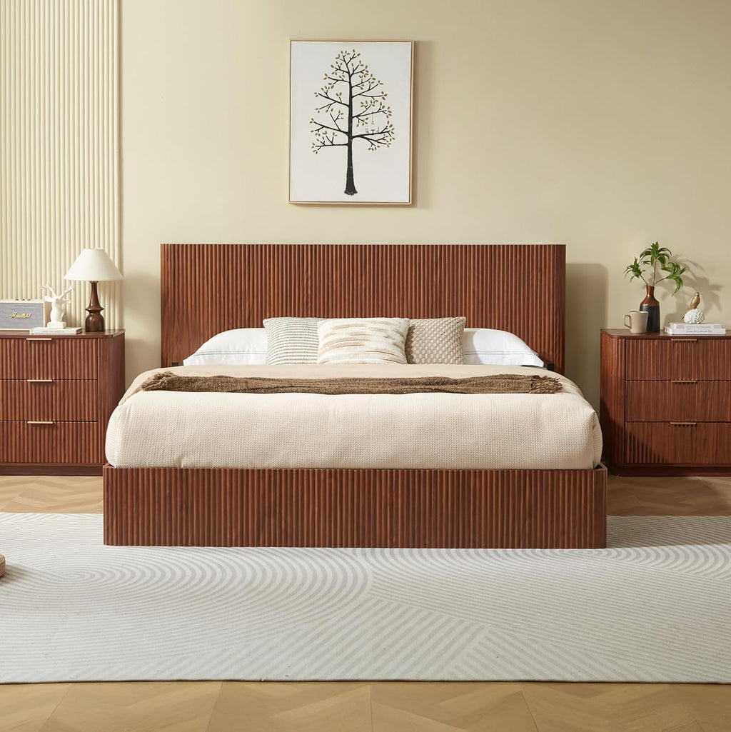 KEIKI King Size Wood Platform Bed Bedframe with Lift Up Hydraulic Storage,Corrugated Curved Lines Design for Bedroom Adult