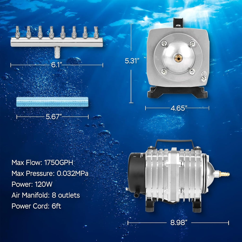 AquaMiracle Aquarium Air Pump Commercial Air Pump with Aluminum Housing, 600/1000/1200/1750GPH Fish Tank Bubbler Pond Aerator for Aquariums, Ponds, Hydroponics