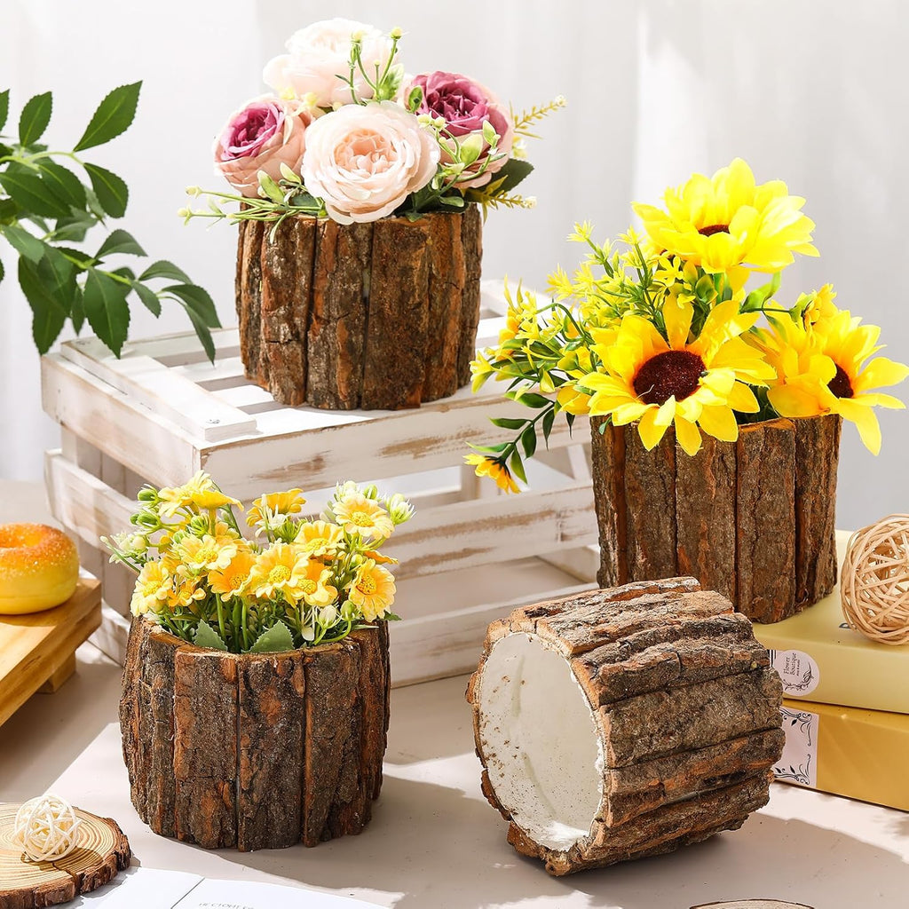 3 Pcs Wooden Vase for Centerpieces Christmas Table Decor Wooden Flower Vase Rustic Bark Stump Buckets Vintage Wood Planter Pots for Xmas Woodland Party Wedding Window Home Farmhouse (Large)