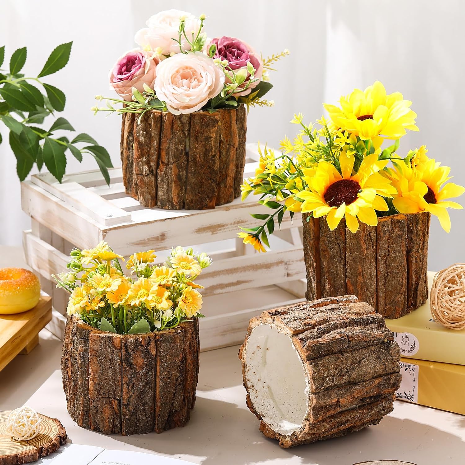 12 Pcs Wooden Vase for Centerpieces Christmas Table Decor Wooden Flower Vase Rustic Bark Stump Buckets Vintage Wood Planter Pots for Xmas Woodland Party Wedding Window Home Farmhouse (Large)