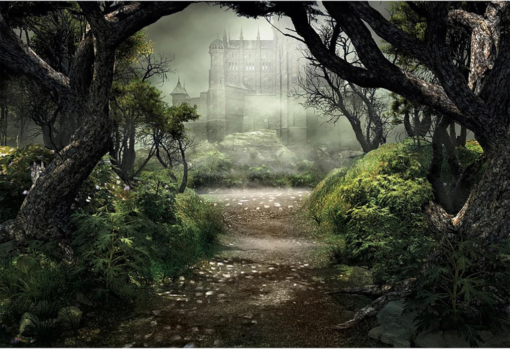 Renaiss Enchanted Forest Backdrop Fabric Green Medieval Smoky Jungle Forest Wonderland Fairy Tale Adventure Photography Background for Kids Fairytale Theme Party Decorations Photo Prop 6x4ft