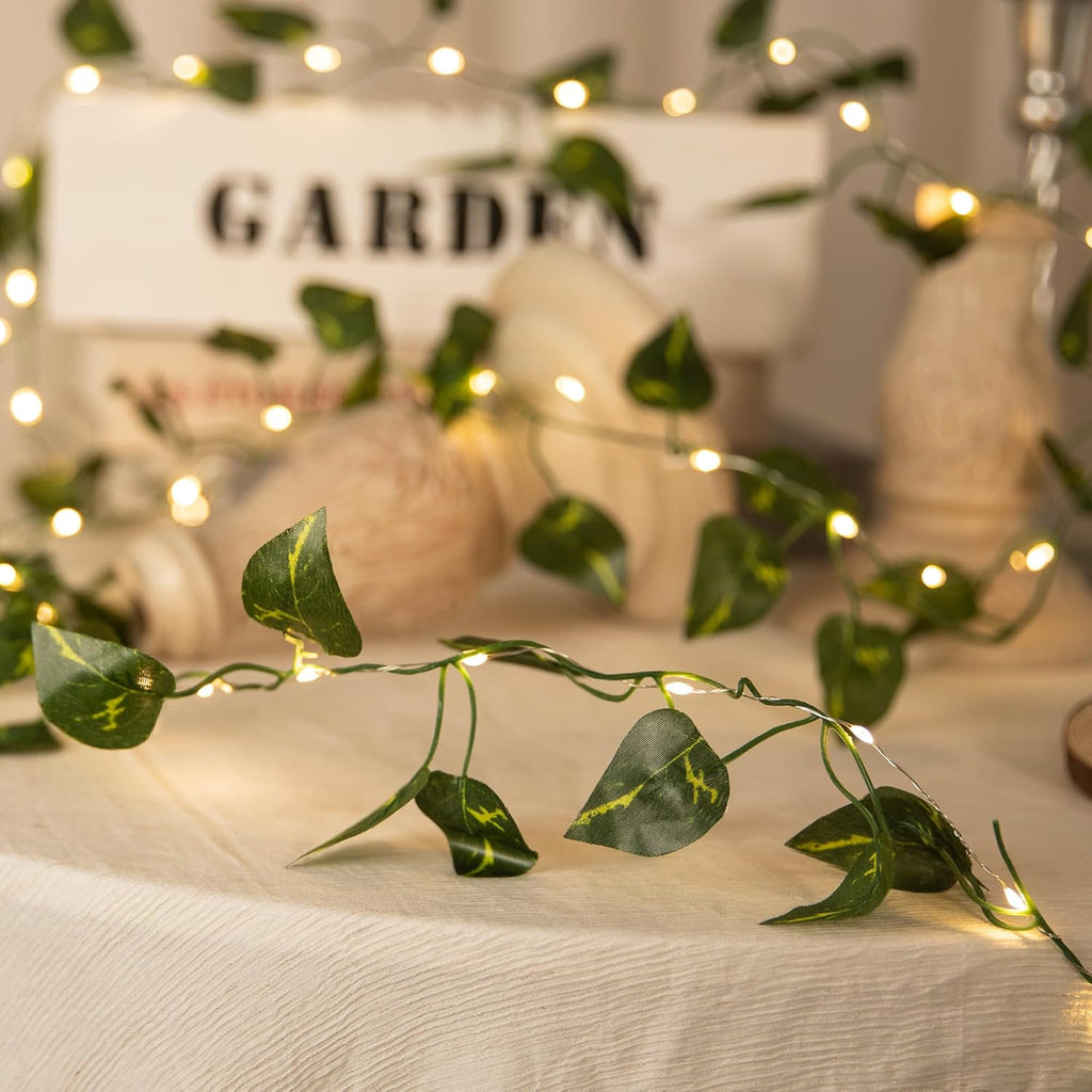 2 Pack 6.56 Ft Vine Lights Pothos String Lights Battery Operated, 40 LEDs Artifical Garland Plant Leaves with Light for Wedding, Garden, Patio, Bedroom, Stair Railing Decor (Warm White)