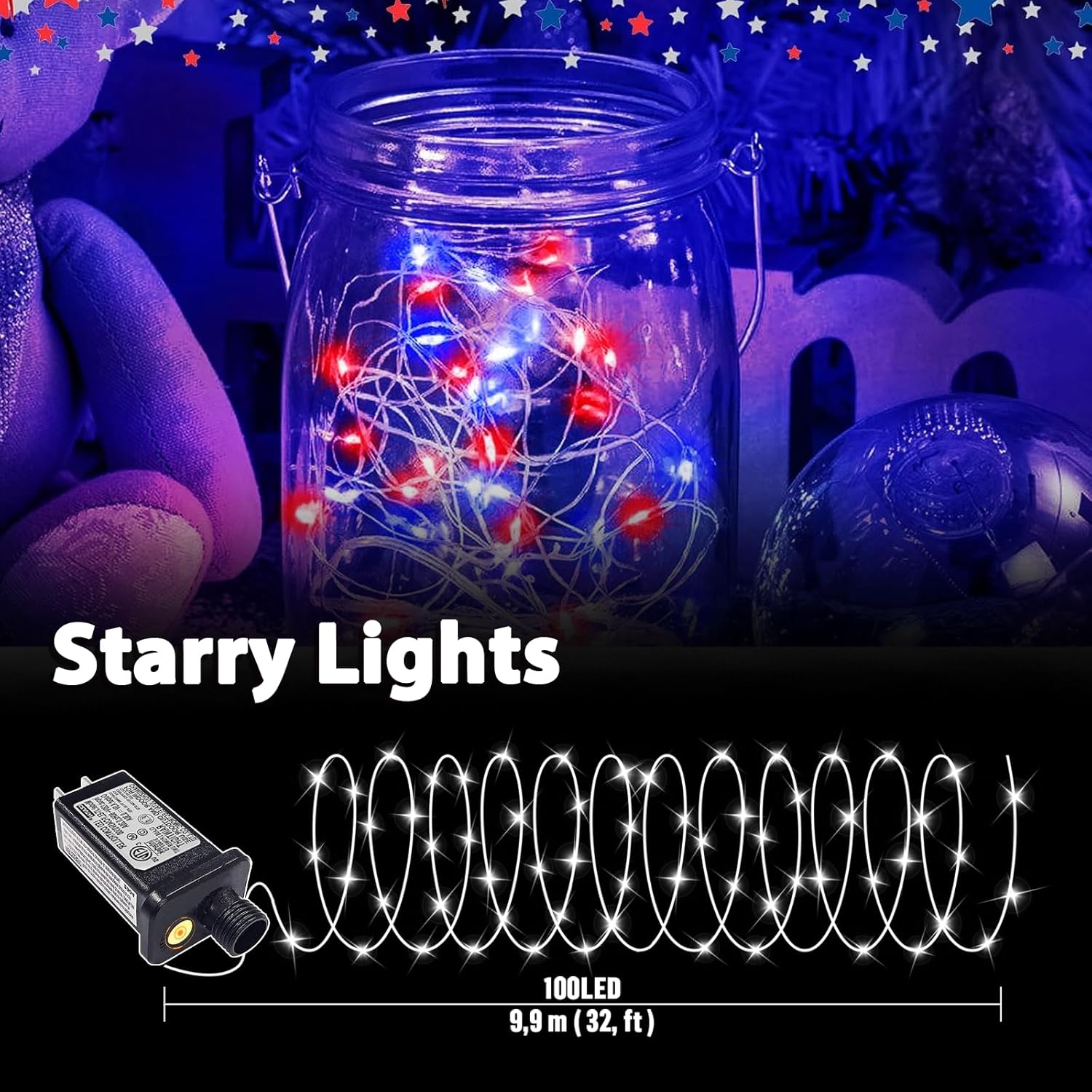 LAMPHOME Patriotic Fairy Lights Plug in, 33Ft 100 LEDs Waterproof Twinkle Firefly Lights, Adaptor Included Starry String Light for Independence Day Patriotic Holidays Decoration (Red, White & Blue)