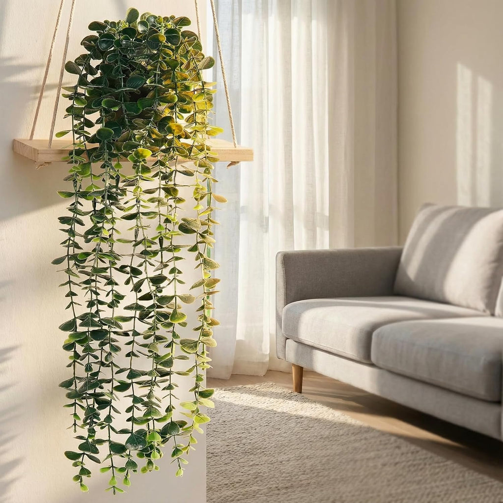 Artificial Hanging Eucalyptus Plants，Fake Plants Eucalyptus Small Decor Faux Hanging Vine Plants Wall Greenery for New Home Decoration，for Floating Shelf Indoor Outdoor Pack of 2